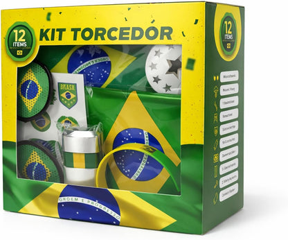 Kit Torcedor Brasil Copa do Mundo 2026 – 12 Peças Completo com Calendário de Jogos, Pintura Facial Hipoalergênica, Bandeira, Óculos, 2 Bastões Infláveis, Corneta e Caixa Presente – Em Busca do Hexa!