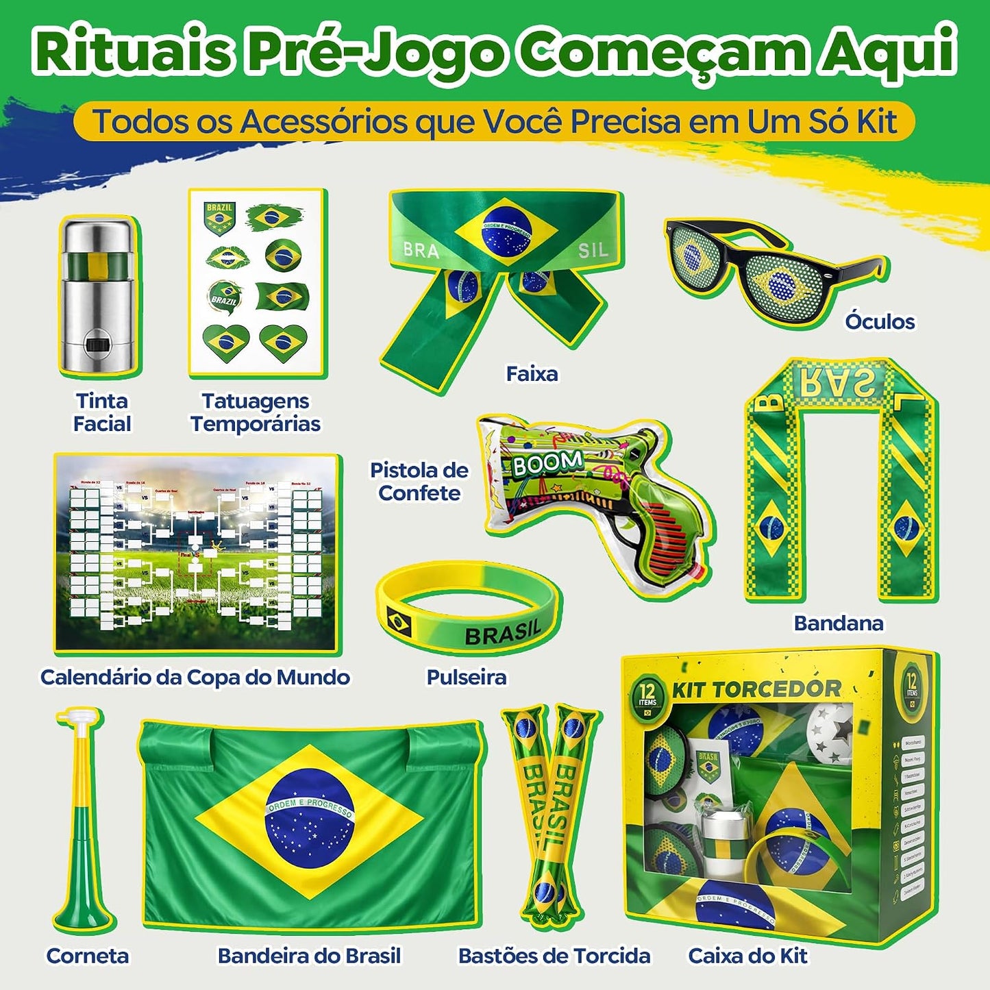 Kit Torcedor Brasil Copa do Mundo 2026 – 12 Peças Completo com Calendário de Jogos, Pintura Facial Hipoalergênica, Bandeira, Óculos, 2 Bastões Infláveis, Corneta e Caixa Presente – Em Busca do Hexa!