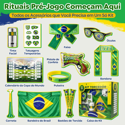 Kit Torcedor Brasil Copa do Mundo 2026 – 12 Peças Completo com Calendário de Jogos, Pintura Facial Hipoalergênica, Bandeira, Óculos, 2 Bastões Infláveis, Corneta e Caixa Presente – Em Busca do Hexa!