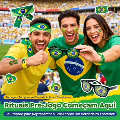 Kit Torcedor Brasil Copa do Mundo 2026 – 12 Peças Completo com Calendário de Jogos, Pintura Facial Hipoalergênica, Bandeira, Óculos, 2 Bastões Infláveis, Corneta e Caixa Presente – Em Busca do Hexa!