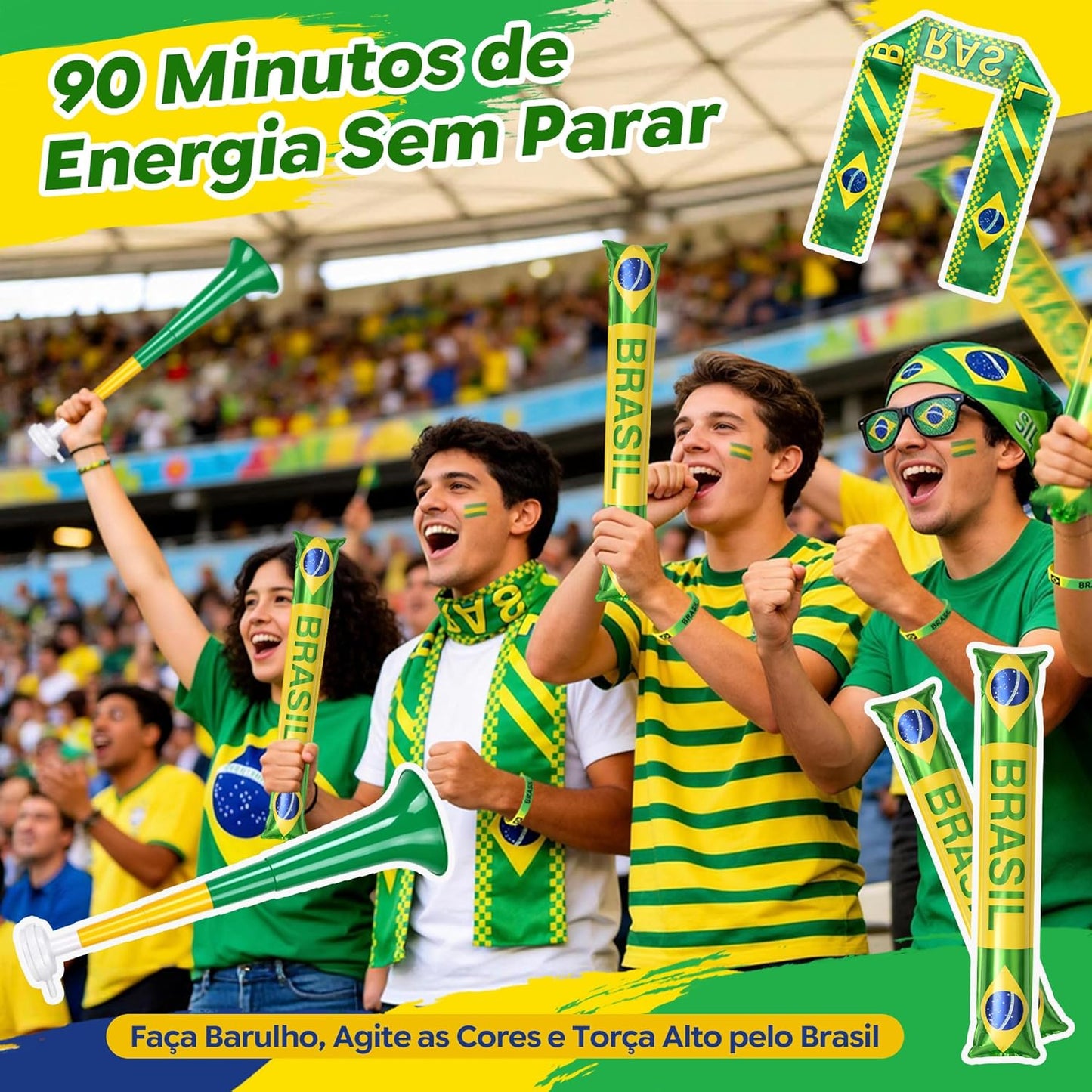 Kit Torcedor Brasil Copa do Mundo 2026 – 12 Peças Completo com Calendário de Jogos, Pintura Facial Hipoalergênica, Bandeira, Óculos, 2 Bastões Infláveis, Corneta e Caixa Presente – Em Busca do Hexa!